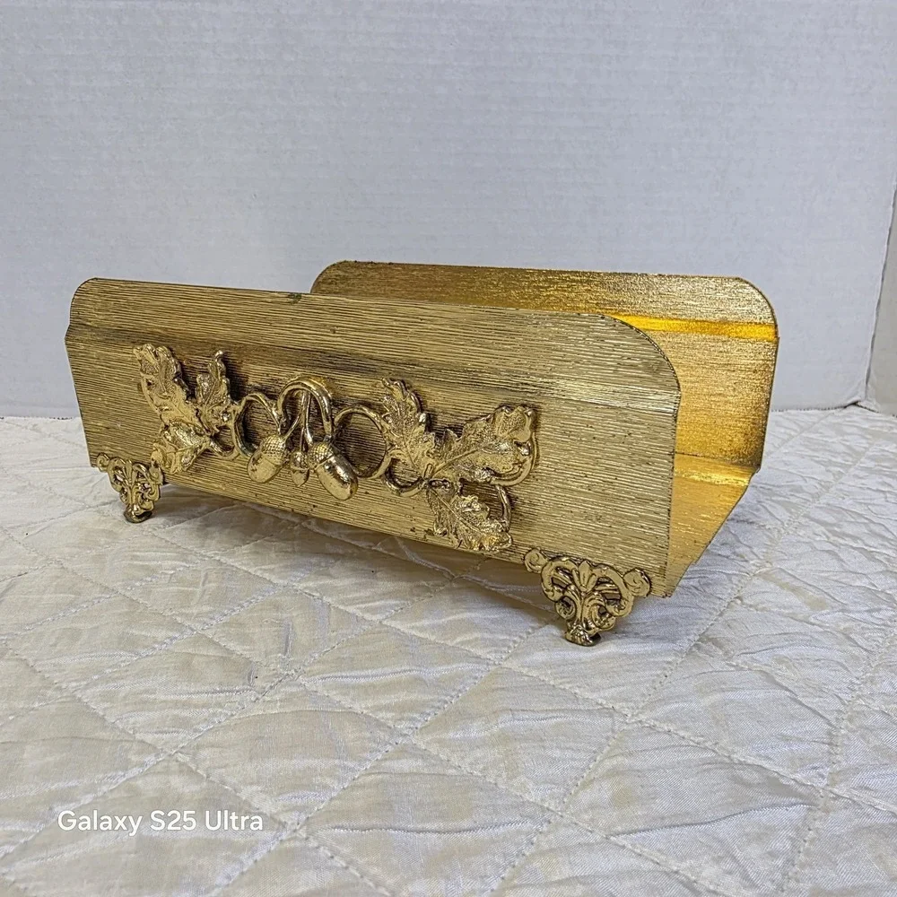Vintage Hollywood Regency Gold Leaves Acorns Tissue Napkin Mail Holder Victorian